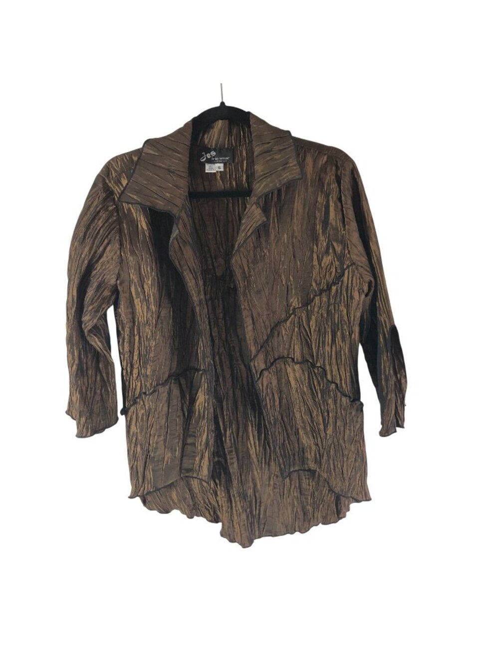 Jes Irie Wear Vintage 90s Pleated Jacket Top Open Front Bell Sleeve Brown S